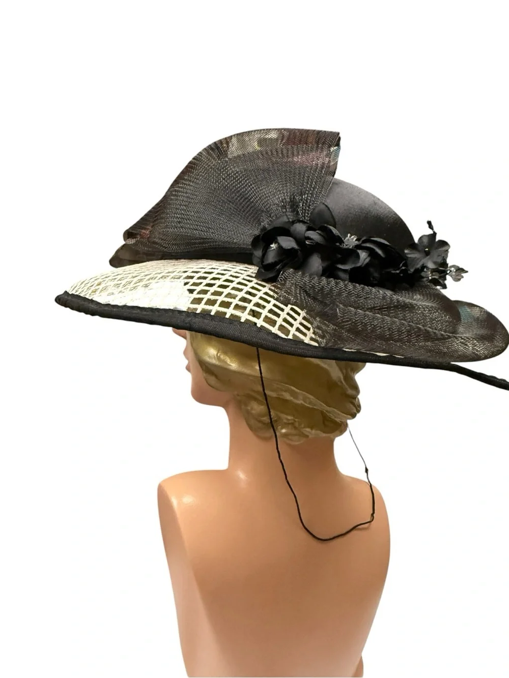 Vintage 1950s Handmade Black Cream Wide-Brim Ladies Hat Floral Accent